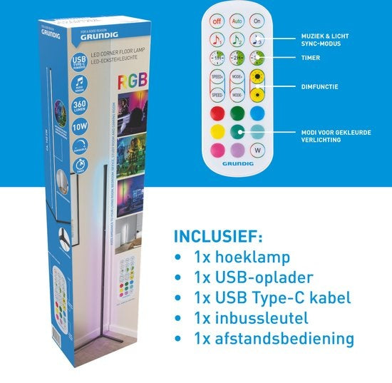 Lampe de sol à LED - Grundig - Lampadaire - 140cm - Dimmable RGBW et lumière blanche - Incl. télécommande et détecteur de musique