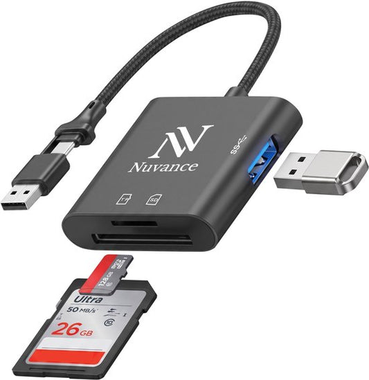 Lecteur de cartes SD Nuvance - Lecteur de cartes SD - 3 en 1 - Lecteur de cartes SD - USB-C et USB-A - Lecteur de cartes micro SD - Carte TF