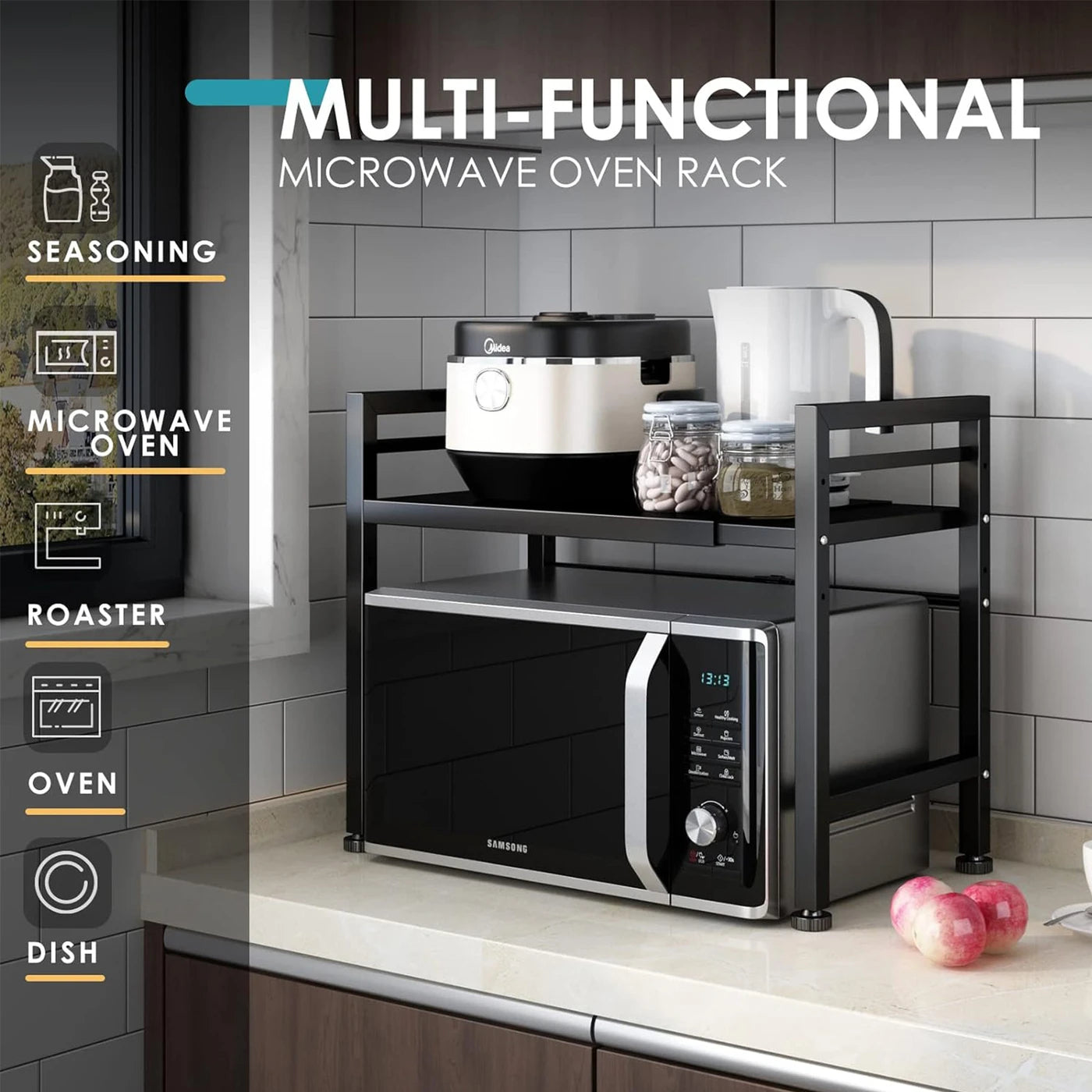 Étagère réglable en forme de H pour micro-ondes SRD - Fer massif - Noir - Rangement de cuisine peu encombrant