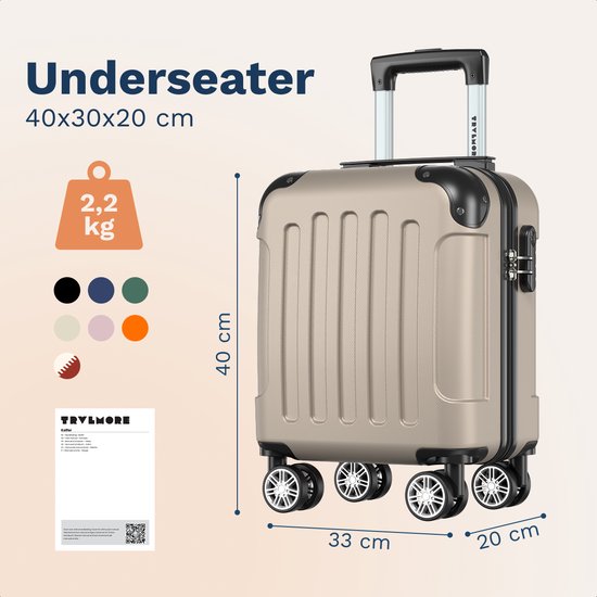 Valise cabine TRVLMORE - 40 x 30 x 20 cm - À placer sous le siège - 24 L - Serrure à combinaison - 4 roulettes - Champagne