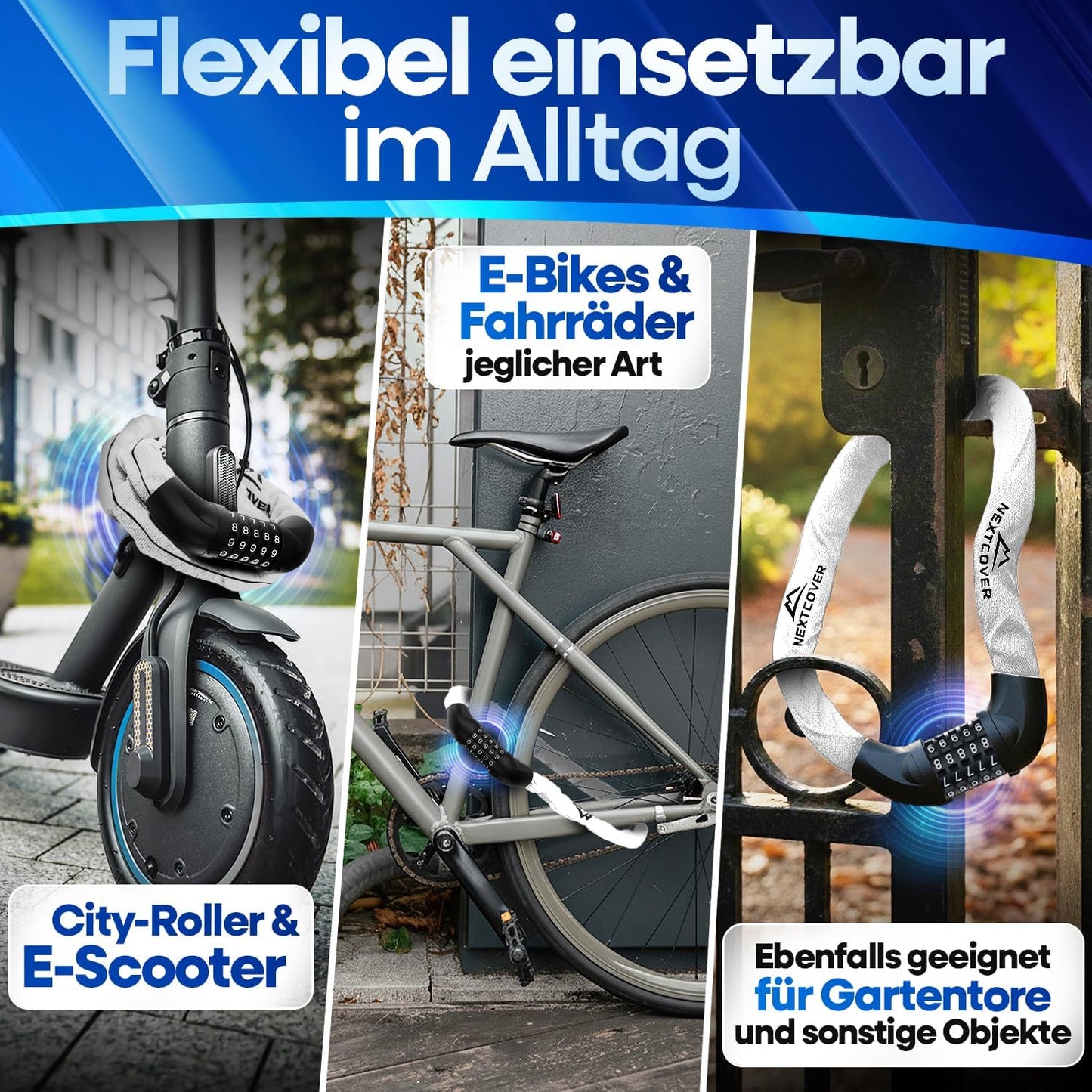 NEXTCOVER® Cadenas pour vélo LockOne avec code de combinaison I - Cadenas à combinaison [SAFESECURE] - Très robuste - 90 cm de long - Réfléchissant