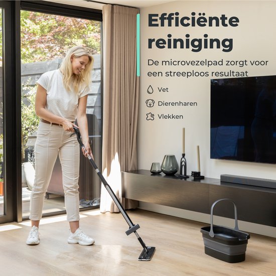 CLEANLY Mopping System with Spray and Wringer 136 cm - Floor Wiper - Mop Set with Foldable Bucket - Spray Mop - Width 36 cm - Black, Grey