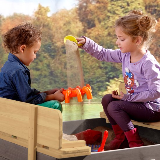 Bac à sable en bois AXI Ella XL, gris/marron - Avec bancs et couvercle - Bois certifié FSC - 120 x 120 x 20 cm - Bac à sable pour enfants