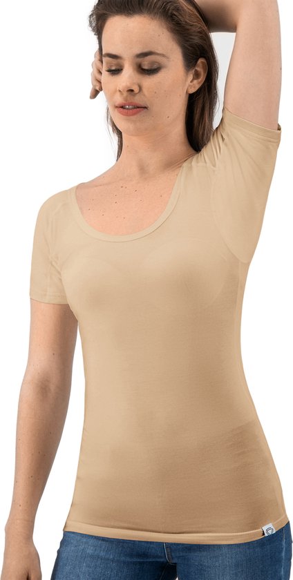 Anti Sweat Shirt - Fibershirts® - Coussinets d'aisselles cousus - Maillot de corps - beige - Col rond - Femme - Taille XL