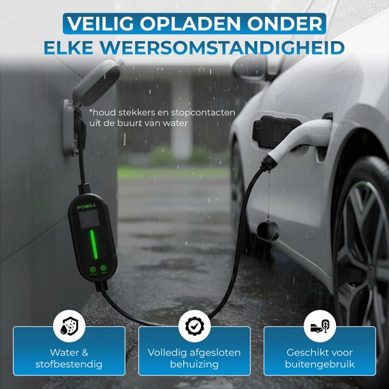Powell Charging Cable Type 2 - Chargeur domestique mobile Type 2 - 3,5kW - IP67 Waterproof - Câble de 5 mètres - Sac de rangement inclus - Waterproof - Noir/Blanc
