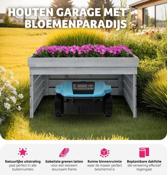 tectake® Garage pour tondeuse robotisée - Boîtier en bois avec toit vert, jardinière, bac à fleurs - Rangement de jardin pour tondeuse - Résistant aux intempéries et aux UV - 84 x 78 x 46 cm