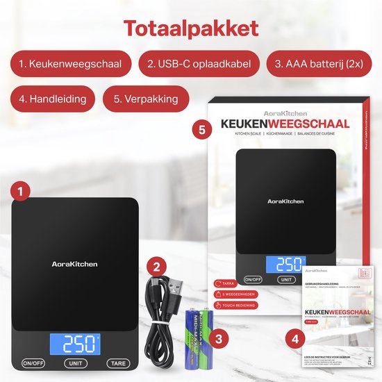 AoraKitchen Balance de cuisine numérique - rechargeable par usb - 1g à 15kg - balance de précision - tare