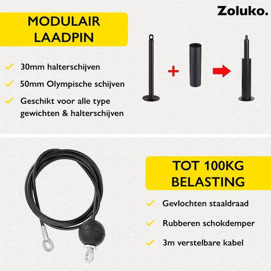 Zoluko Home Fitness Cable System 23-Piece Set - Incl. E-book - Station de musculation pour le sport à domicile - Incl. Triceps Rope, Biceps Rod and Handles - 100kg Carrying Capacity - Easy Attachment - Strength Training - Lat Pulley - Home Gym - Black/Sil