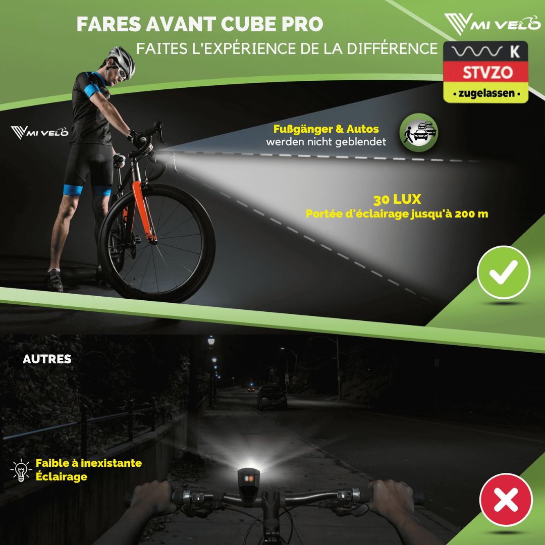 Kit d'éclairage LED Mivelo - pour vélo 'Cube Pro' rechargeable par USB avec feu de freinage - Noir