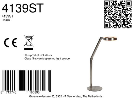 Lampe de table Ringlux 4139ST de Steinhauer - Élégante lampe en acier brossé, hauteur réglable de 40 à 75 cm, avec double éclairage LED et variateur tactile.