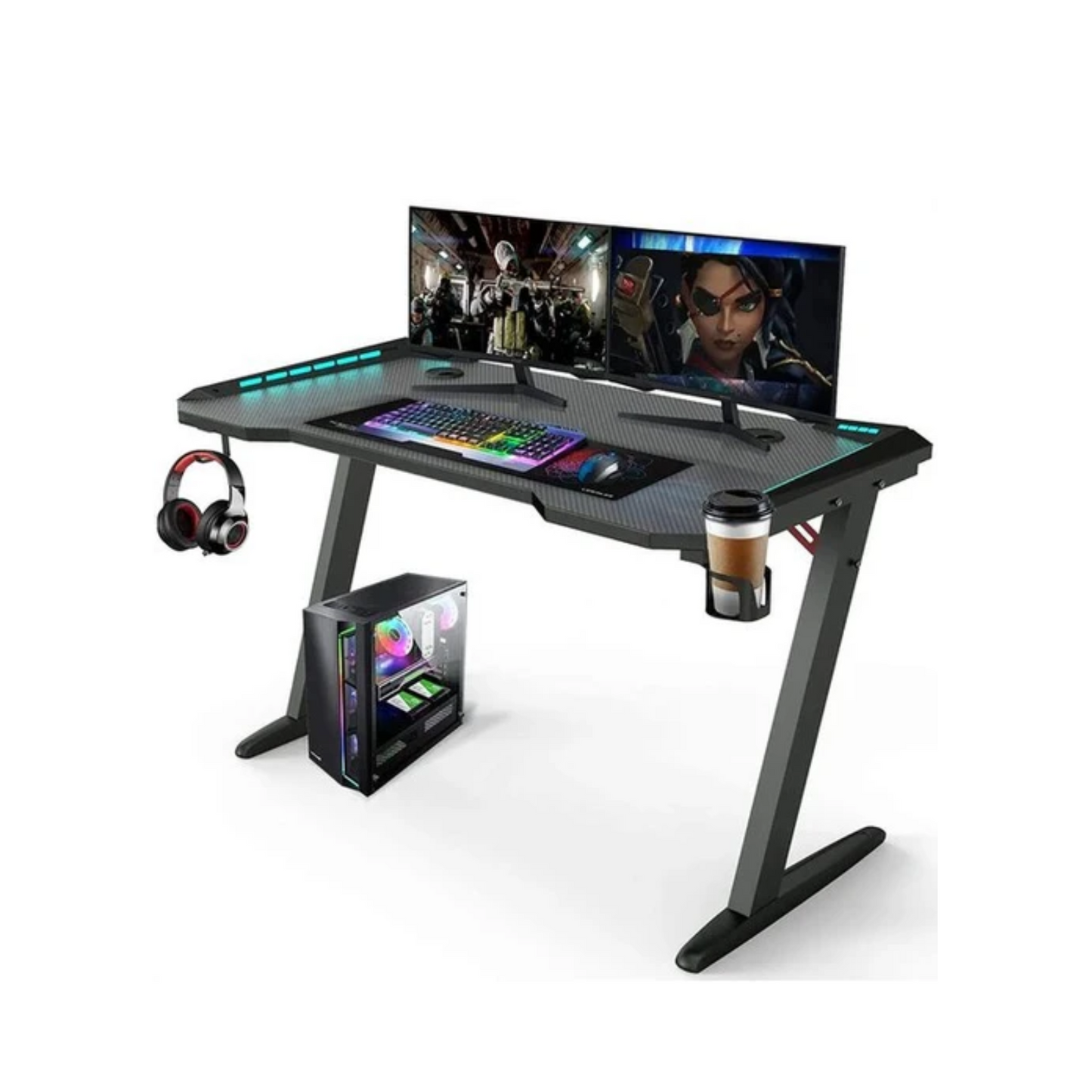 Bureau de gaming - Avalo - 140x60x73 CM - Éclairage LED Intégré - Noir