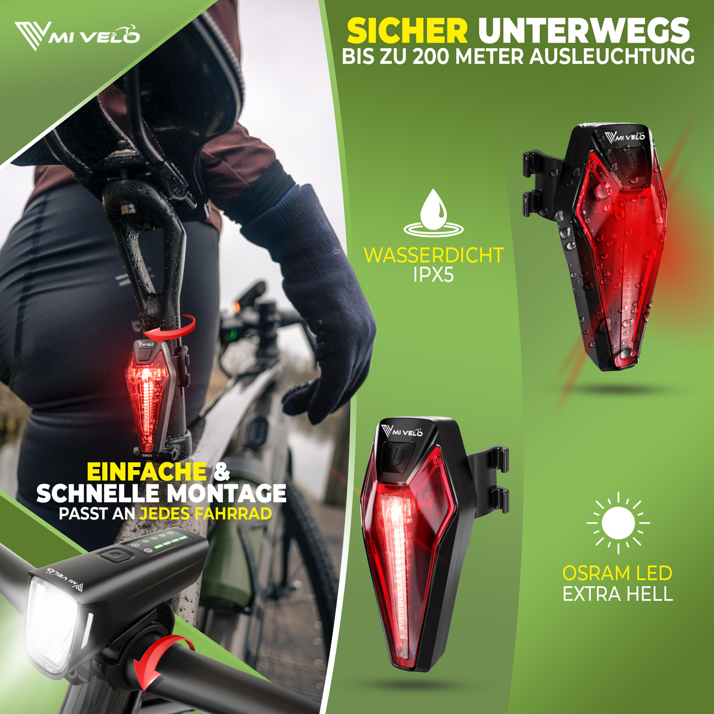 Kit d'éclairage vélo Mivelo LED "SMART ONE" rechargeable par USB