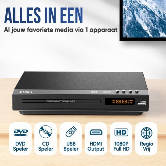 Lecteur DVD avec HDMI – Strex - Full HD 1080P - Télécommande - USB - HDMI/RCA - Multizone - Noir