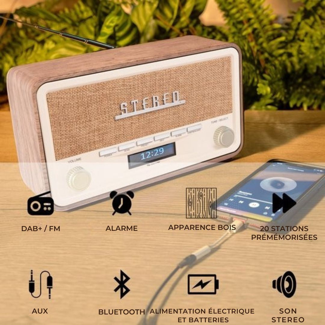 Radio Rétro - Denver - Vintage - Bluetooth - DAB+/ FM -Luminosité réglable – Fonctionne sur piles et secteur – DAB18LW - Bois