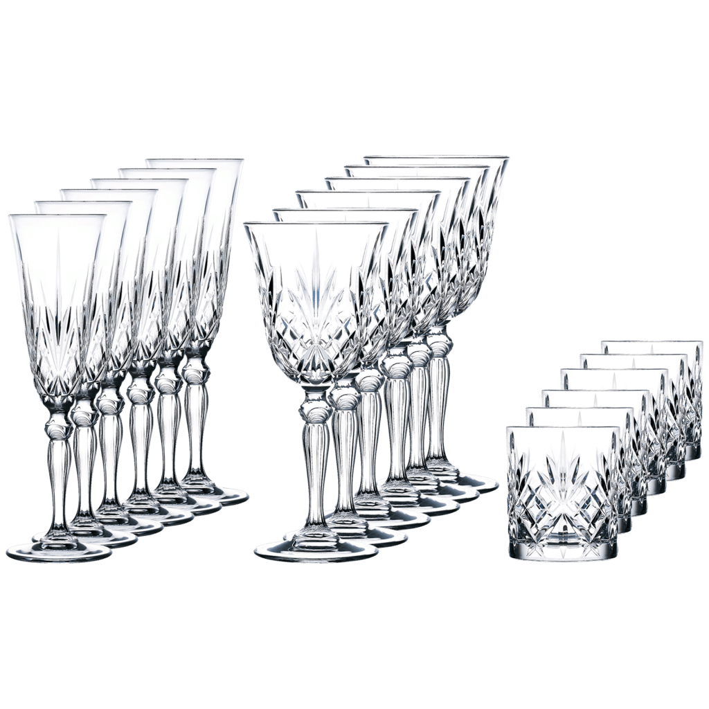 RCR Melodia 18-Piece Glass Set - Verres à vin 28 cl, Coupes à champagne 16 cl, Gobelets 32 cl - Verre en cristal