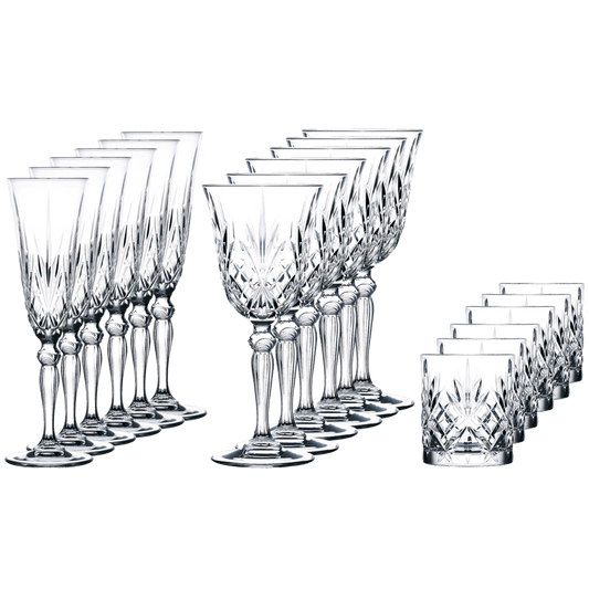 RCR Melodia 18-Piece Glass Set - Verres à vin 28 cl, Coupes à champagne 16 cl, Gobelets 32 cl - Verre en cristal