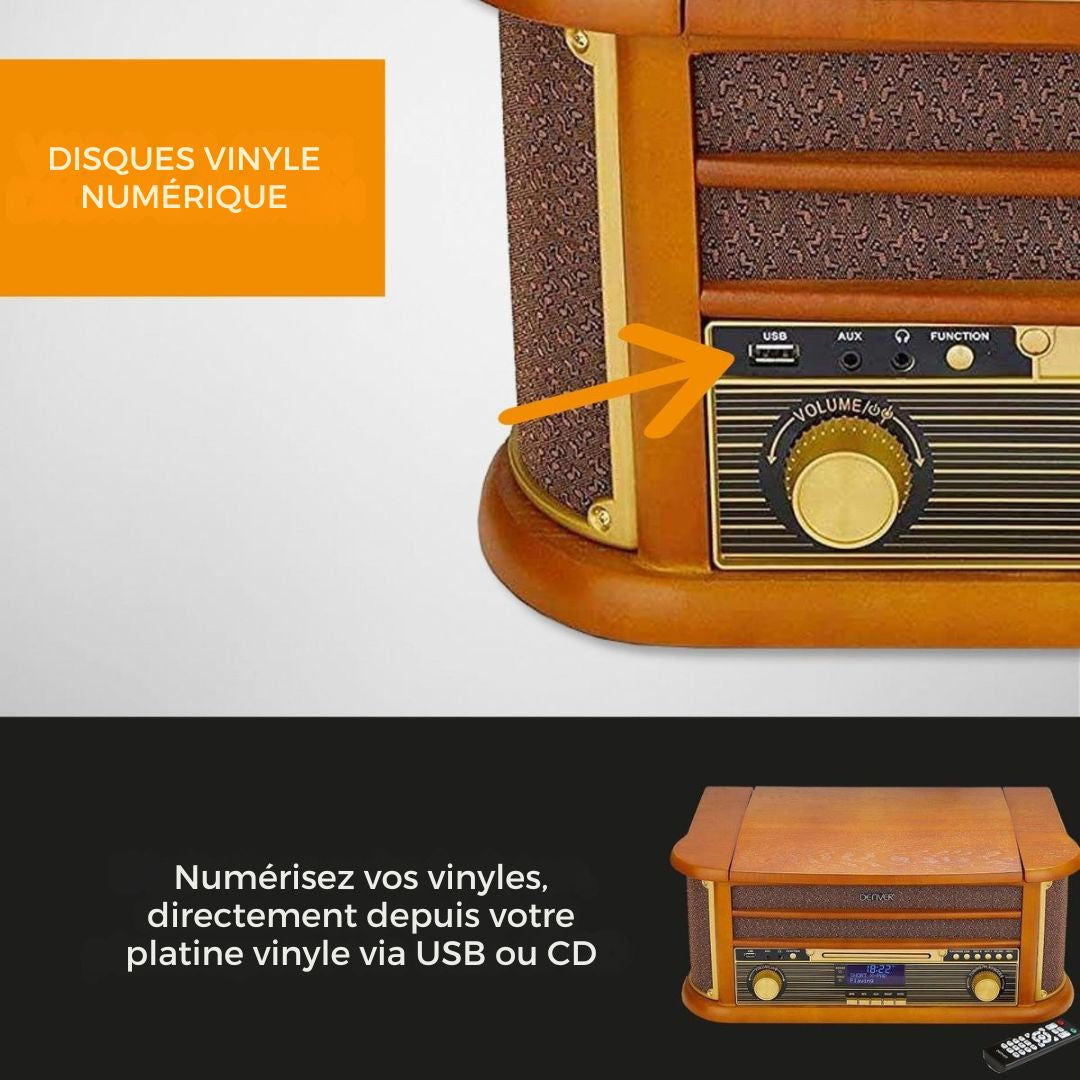 Platine vinyle retro - Denver - Haut-parleurs et amplificateur intégrés - Bois
