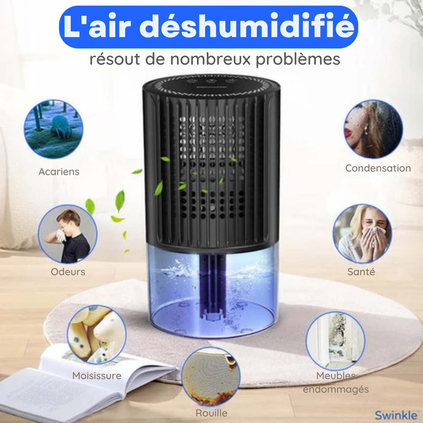 Déshumidificateur - Swinkle® - Jusqu'à 0,35 L / jours - Silencieux - Adapté au salon, à la chambre à coucher, à la salle de bain et +
