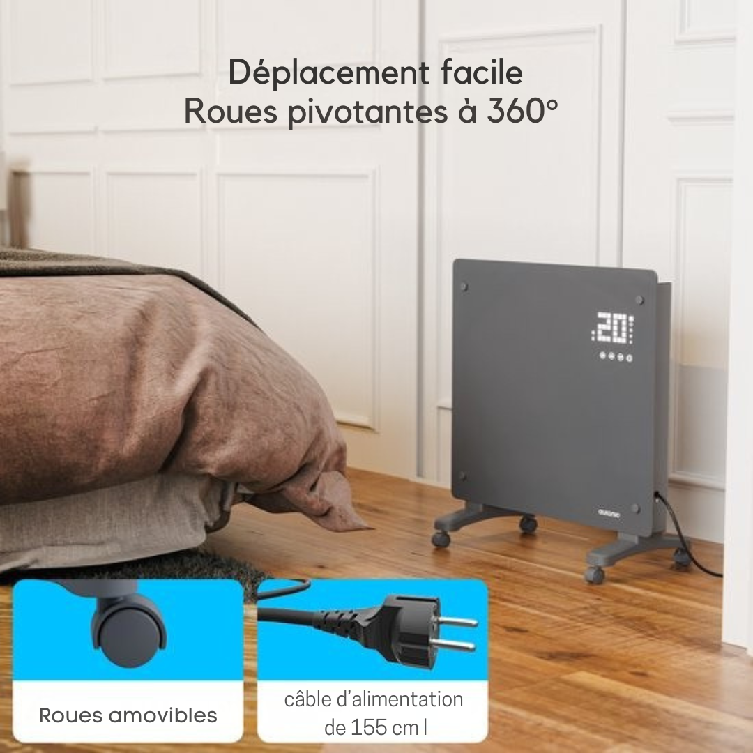 Radiateur électrique Auronic - Radiateur à convection avec thermostat et télécommande - Radiateur à panneau en verre - Radiateur 1000 W - Gris