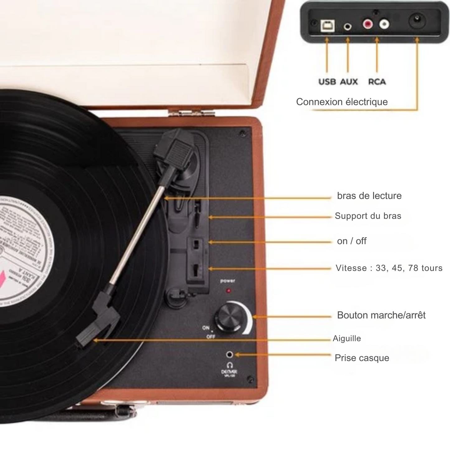Platine vinyle rétro - Denver VPL120 - Haut-parleurs intégrés - Numérisation USB - 3 vitesses - Mallette portable - Marron