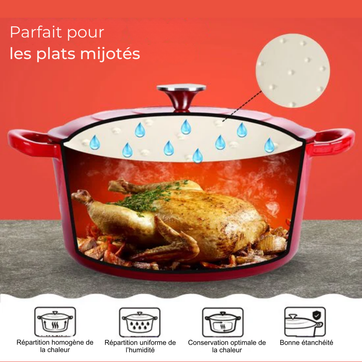 Cocotte - Castex - Casserole en fonte - Compatible toutes sources de chaleur - 6.4L - Rouge