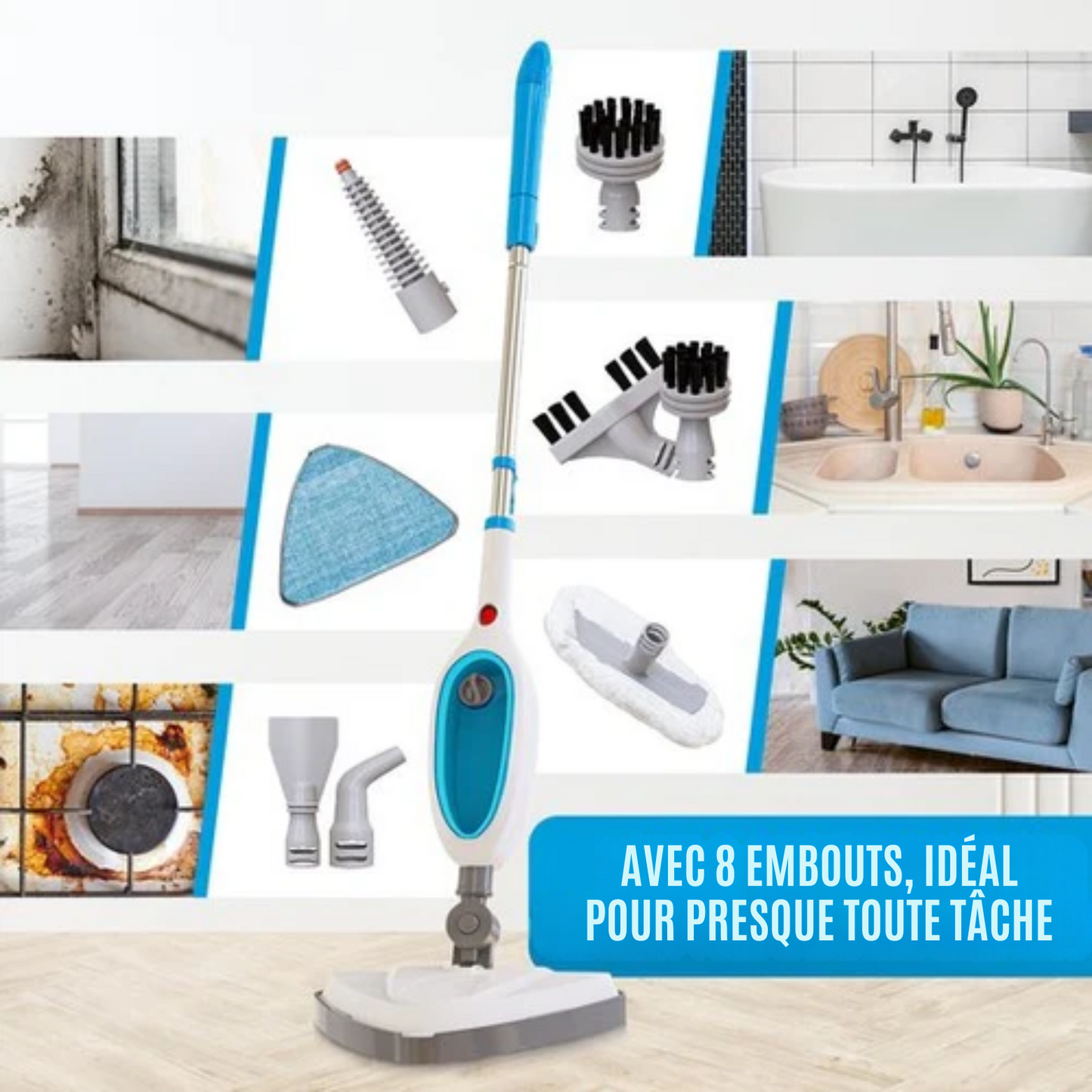 Nettoyeur Vapeur 12 en 1 – Strex - Défroisseur Manuel / Nettoyeur de Tapis / Détacheur - 1600W - Blanc et bleu