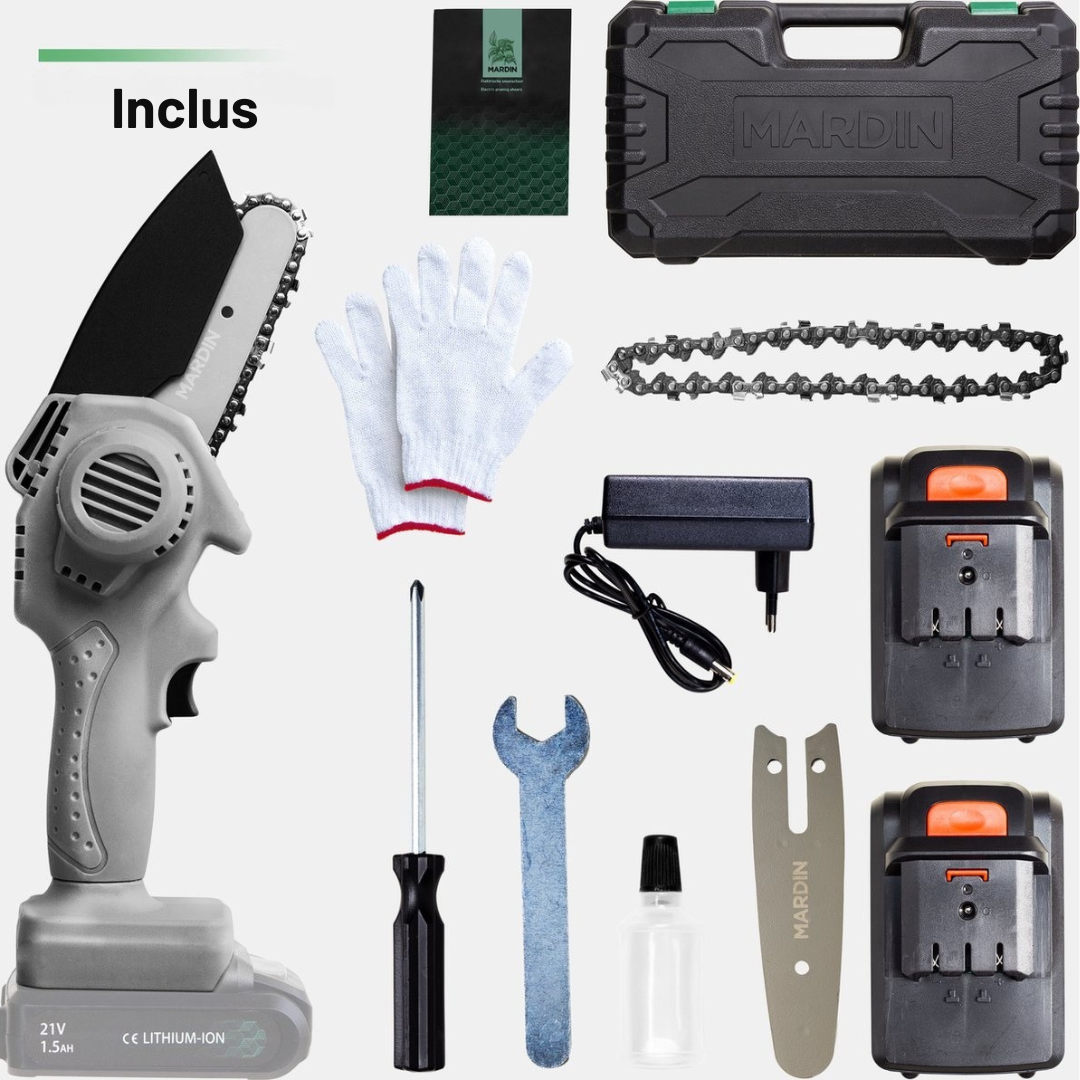 Mini tronçonneuse Mardin - Scie d'élagage - 2 Batteries - Mallette incluse - Gris