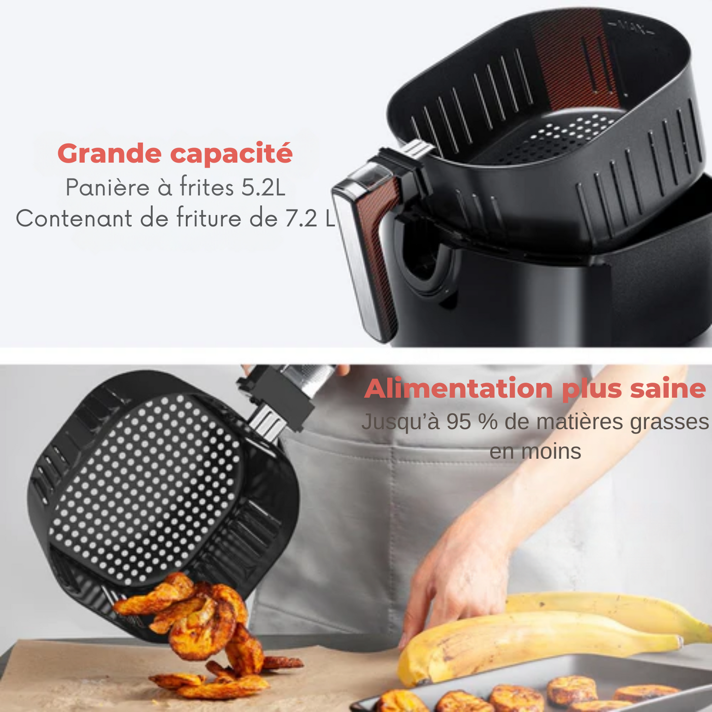 Airfryer - KitchenBrothers - Friteuse à hair chaud - 7,2 L -1890 W - Friteuse sans huile - 7 programmes de cuisson - noir - + un livre de recettes