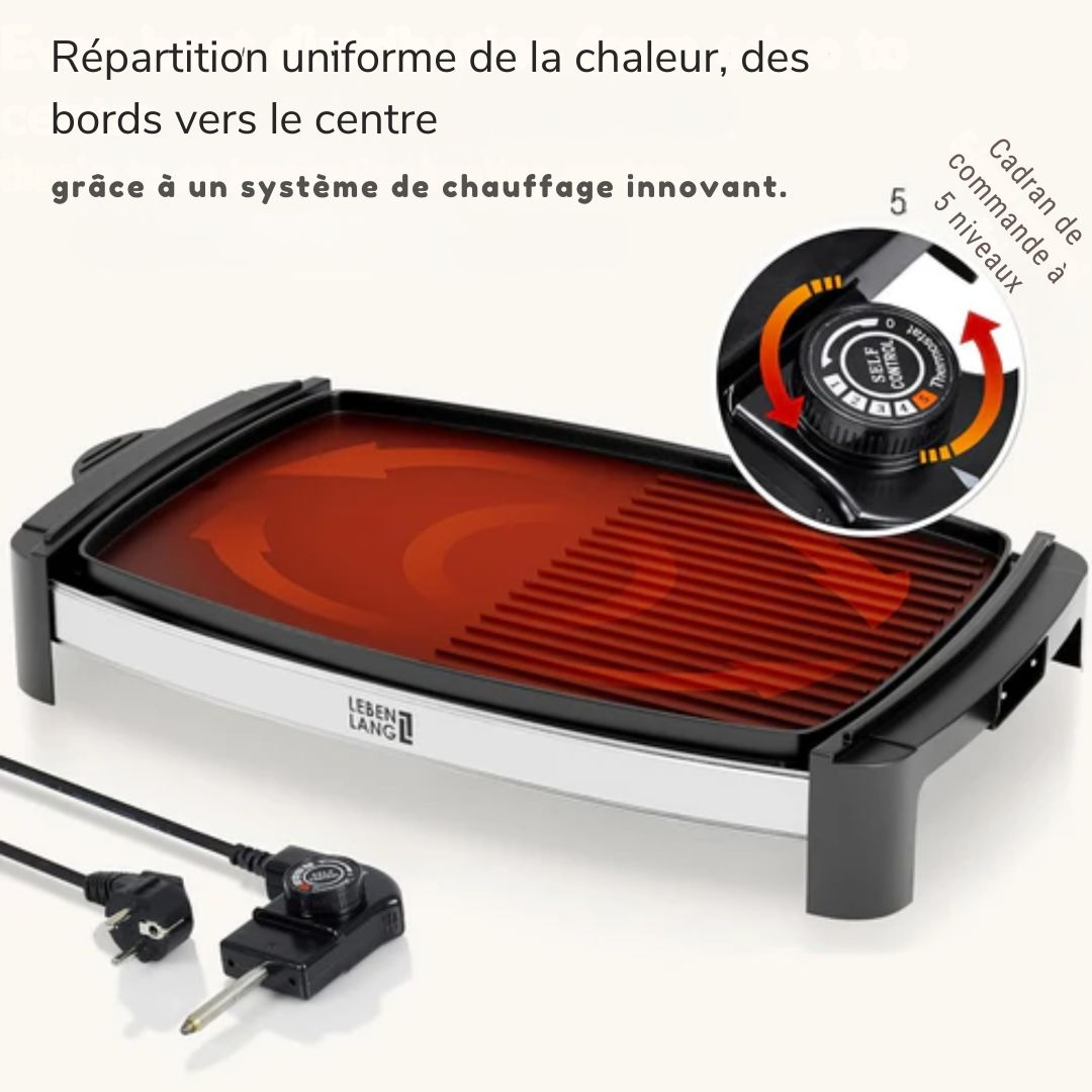 Plaque de gril électrique LEBENLANG - 2000 Watt - 4 à 8 personnes - Idéal pour l'intérieur et l'extérieur - 32.1 x 54.5 x 6.5 cm - noir