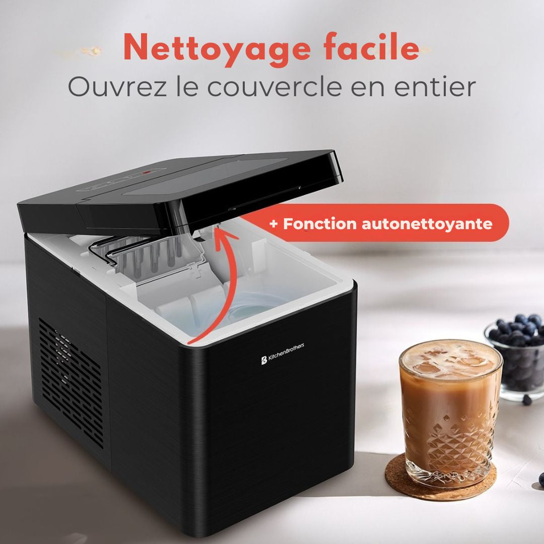 Machine à glaçons KitchenBrothers- 2.1L - Fonction nettoyage à sec - 15kg/24h - Noir