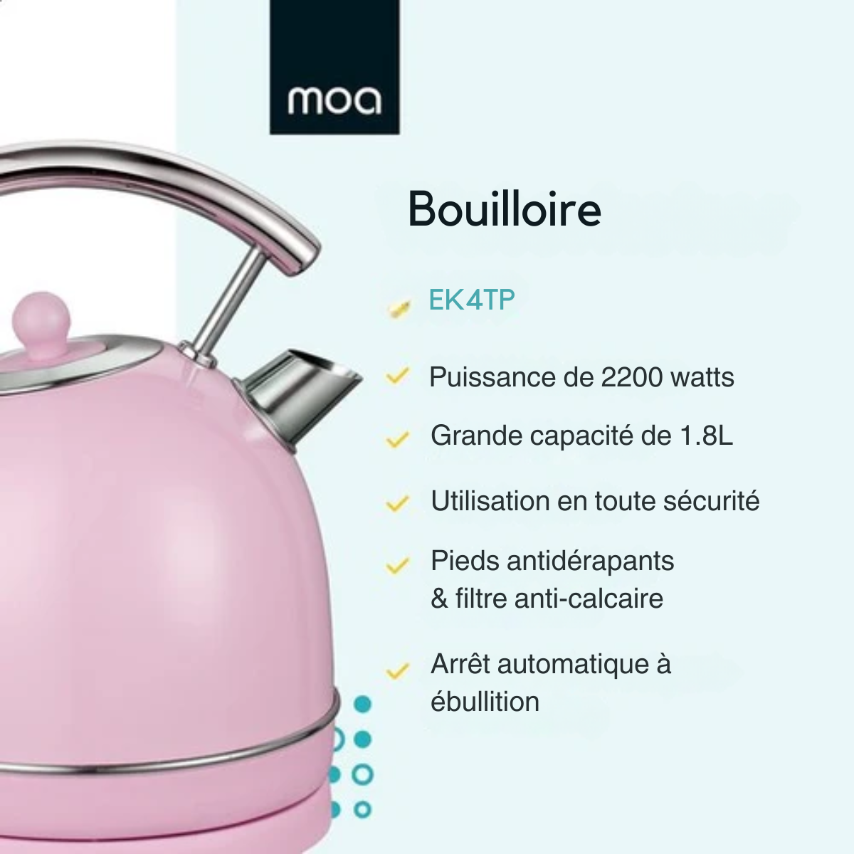 Bouilloire rétro - MOA - électrique - acier inoxydable - EK4TP - rose pastel