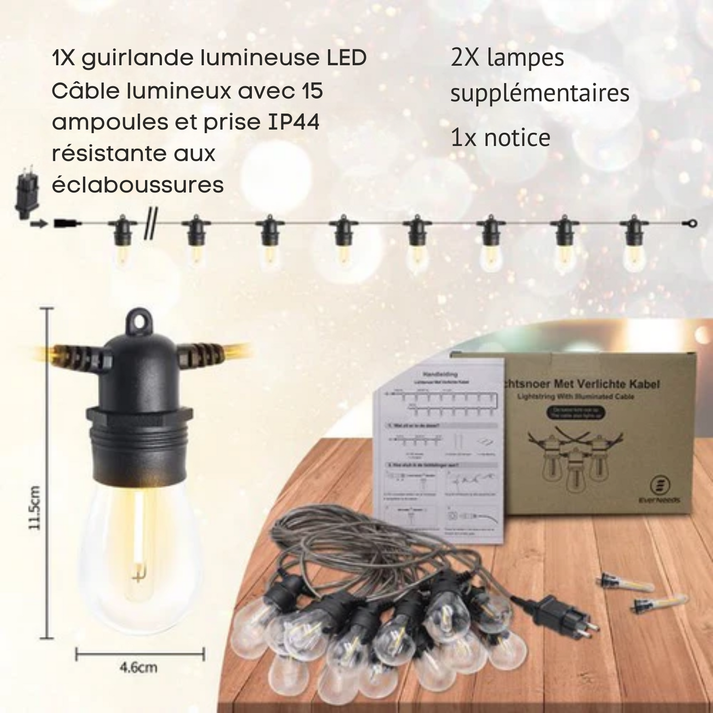 Guirlande lumineuse extérieur - EverNeeds - avec câble lumineux - 15 LED - 15 mètres - IP65