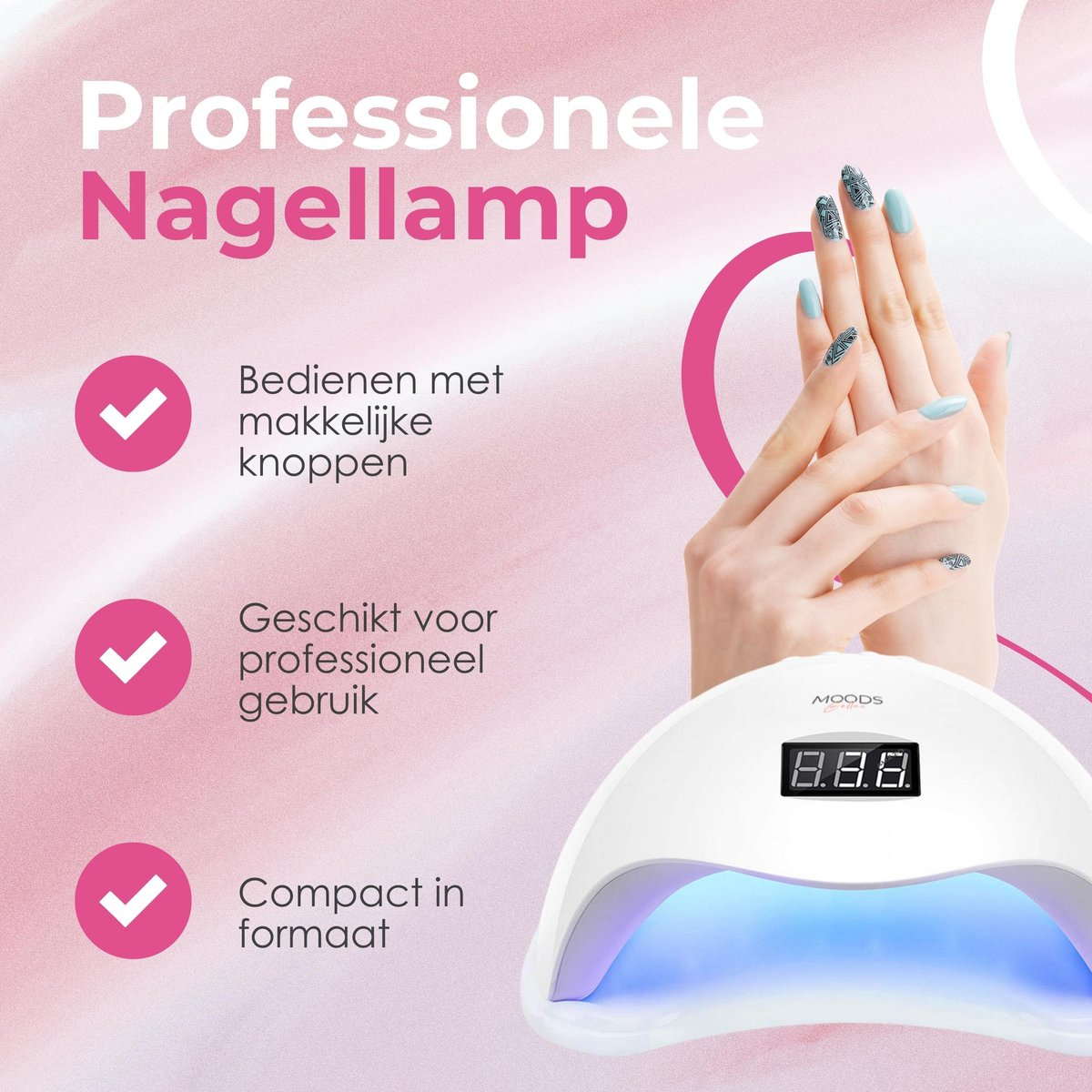 Moods Gellac - Lampe professionnelle pour ongles - Lampe UV pour ongles en gel - Séchoir à ongles - Contrôlable par boutons - Puissante lampe LED - Blanc