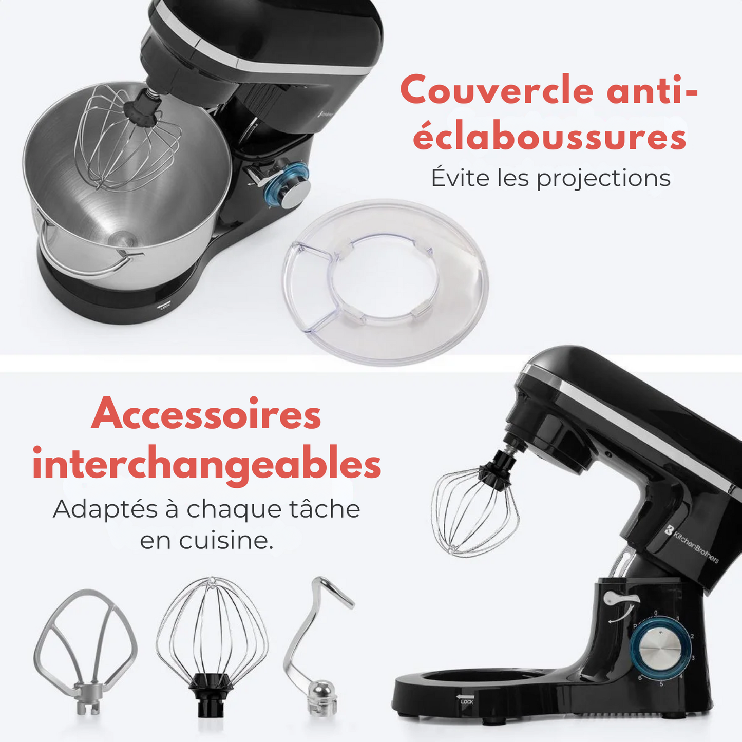 Robot Pâtissier 1400 W avec Bol 6 L en Inox – Noir | KitchenBrothers