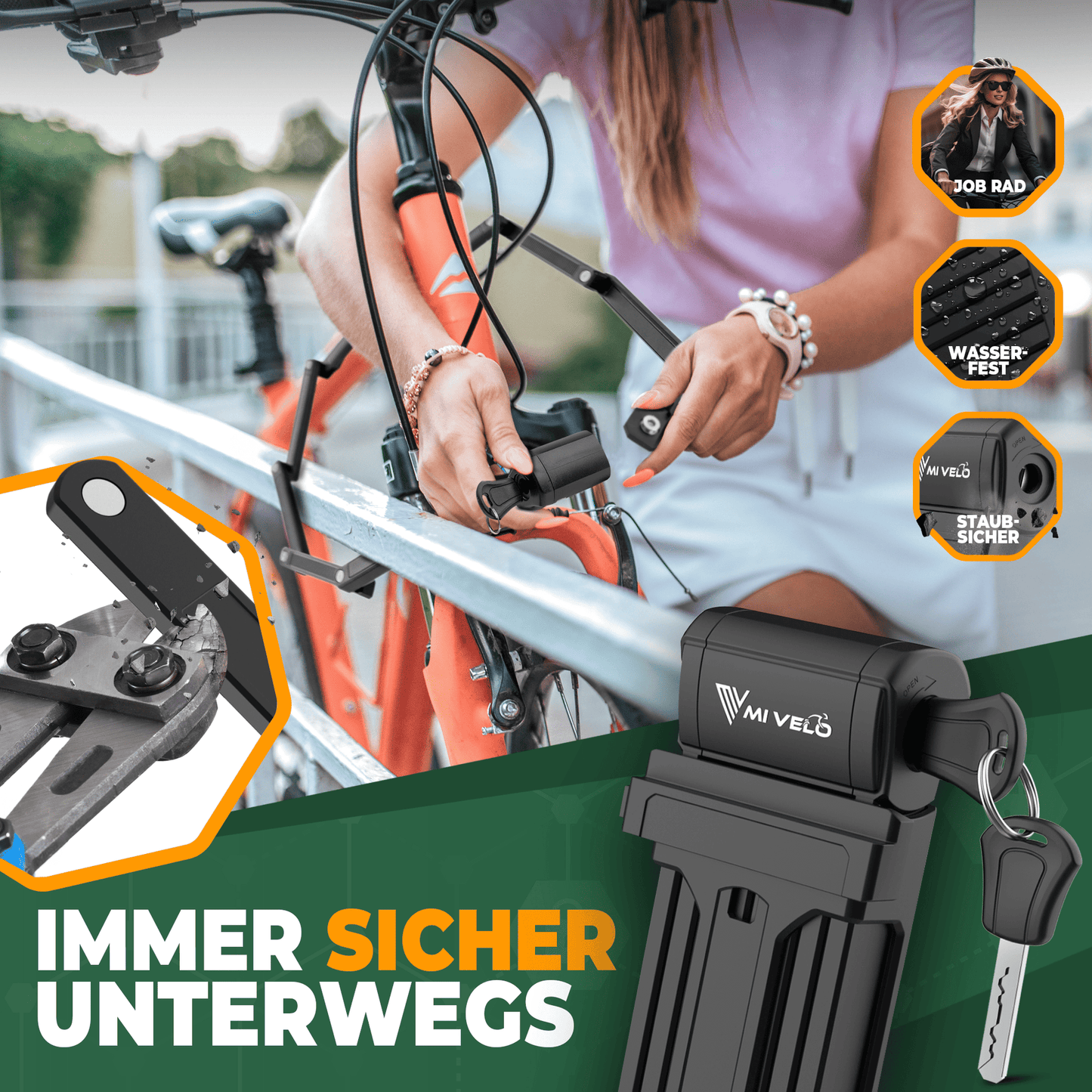 MIVELO - Cadenas robuste pour vélo avec clé - 120 cm de long - Niveau de sécurité 10/10 - Acier au carbone trempé - Noir