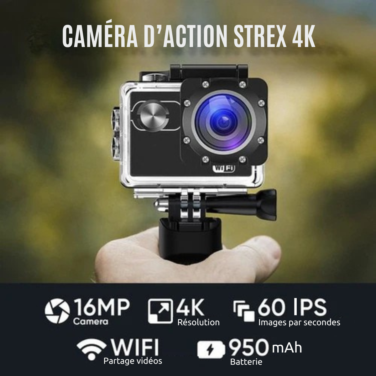 Caméra d'Action 4K 16MP – Strex - 60FPS / Étanche 30M / WiFi – Avec Accessoires – Caméra Sport & Sous-Marine