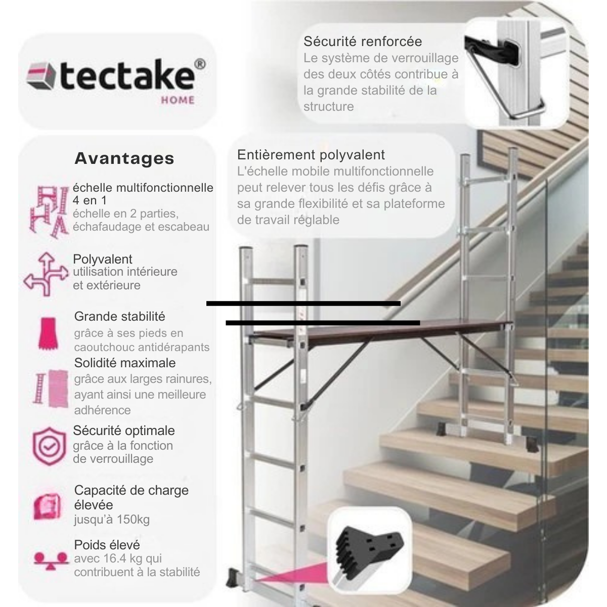 Échelle multifonctionnelle - tectake 401668 – 4 en 1 -Support d'échafaudage - Hauteur de travail 1m