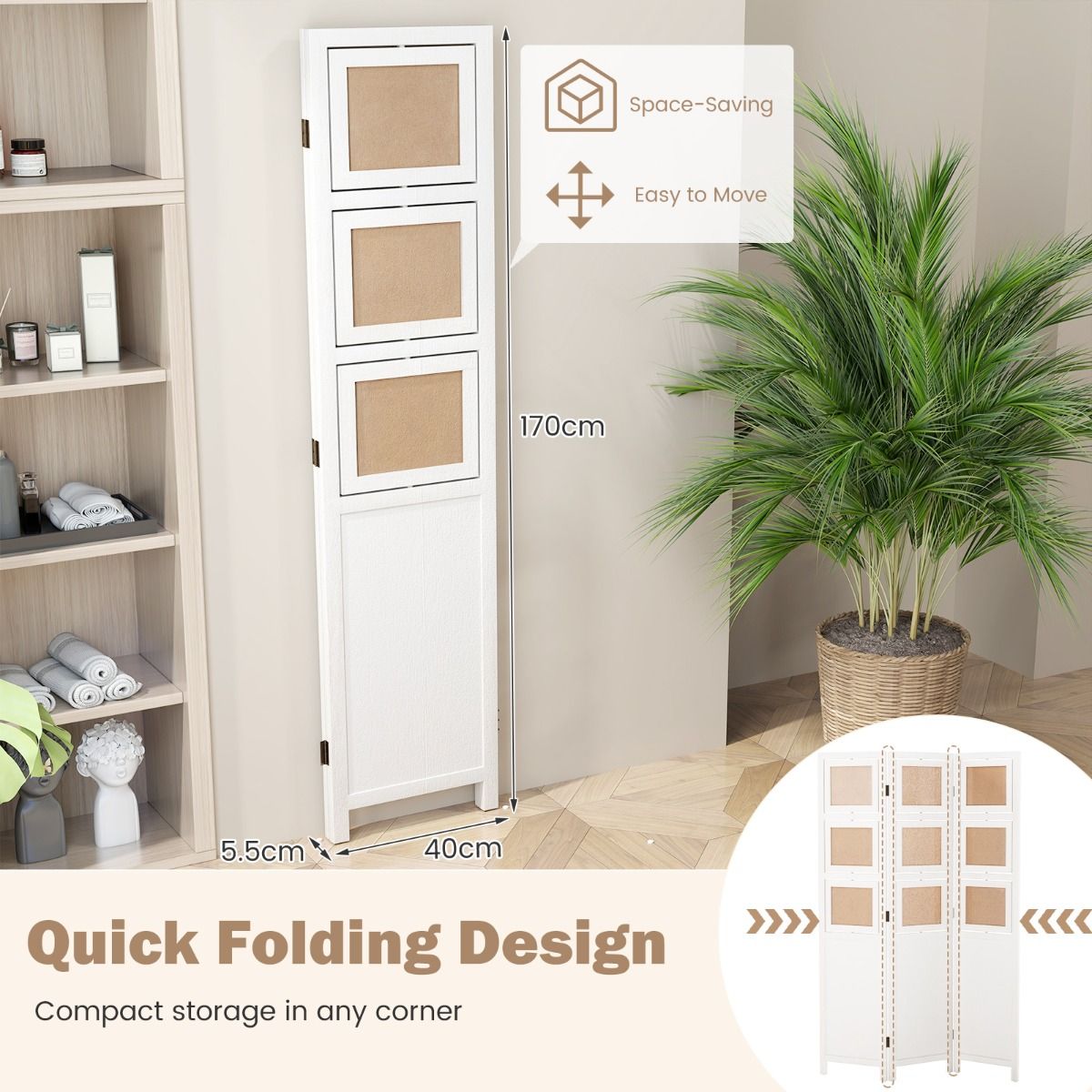 Coast Paravent avec 9 cadres photo rotatifs - 170 x 121 cm - Blanc & Nature - Paravent pliable en bois de Paulownia