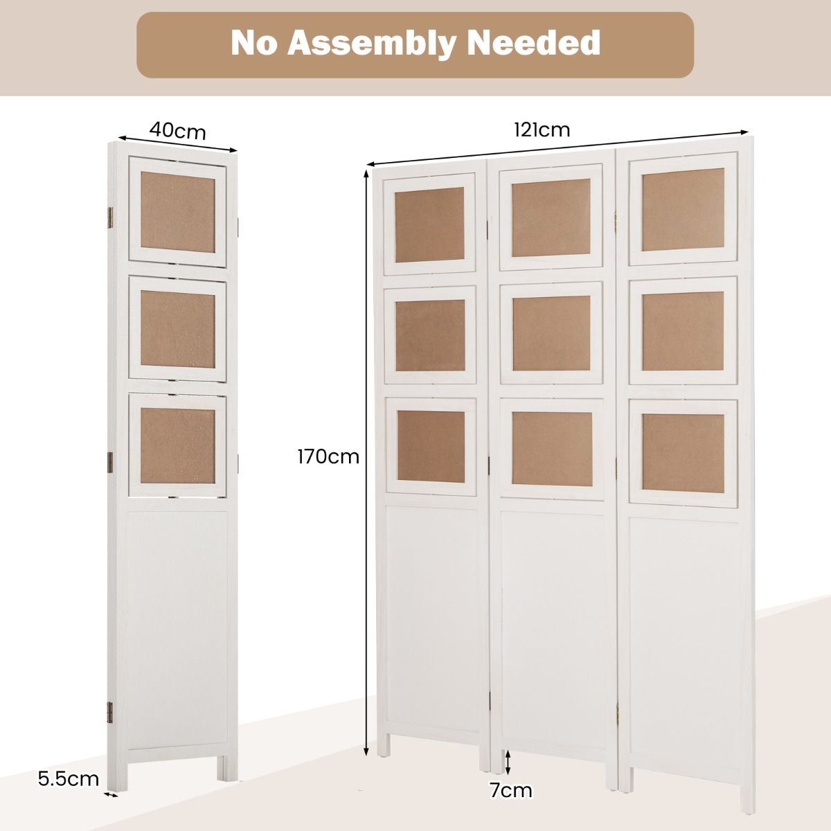 Coast Paravent avec 9 cadres photo rotatifs - 170 x 121 cm - Blanc & Nature - Paravent pliable en bois de Paulownia