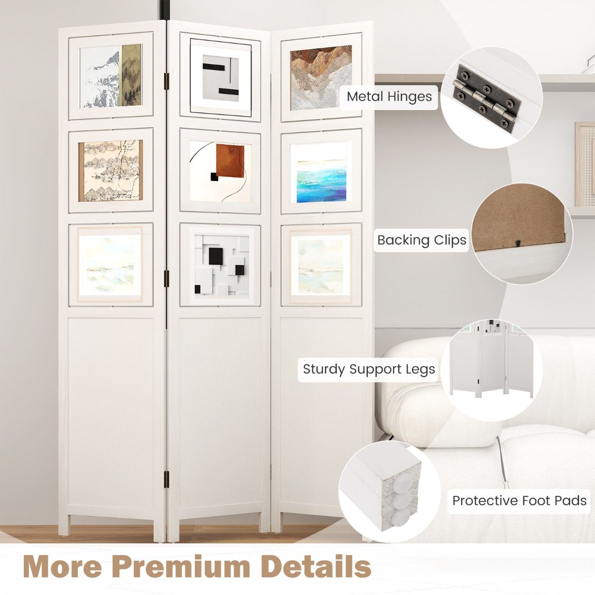 Coast Paravent avec 9 cadres photo rotatifs - 170 x 121 cm - Blanc & Nature - Paravent pliable en bois de Paulownia