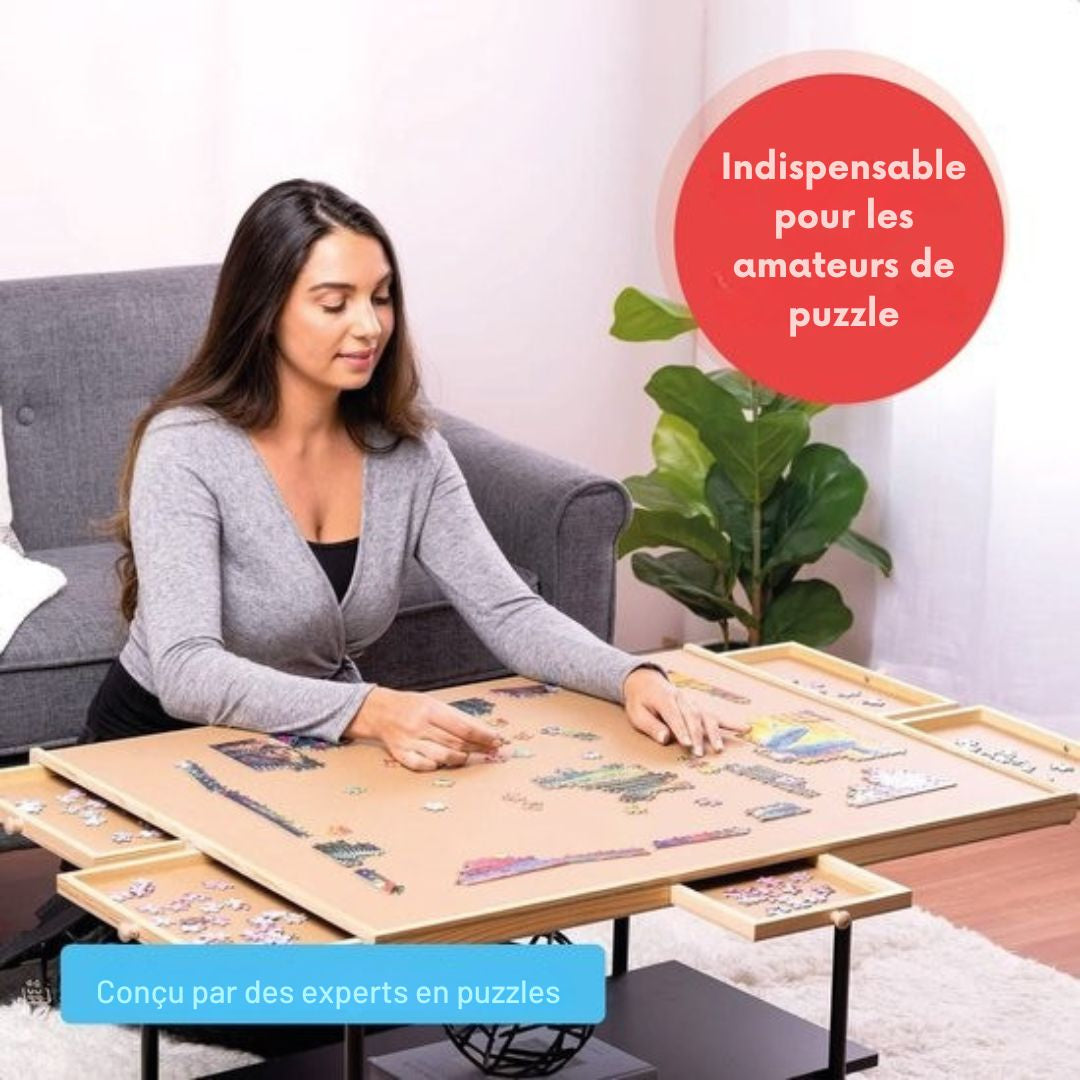 Plateau de puzzle rotatif avec système de rangement - 6 tiroirs - 1500 pièces - Bois - Table de puzzle - Classeur de puzzle - 64 x 86 x 4 cm - Couvercle de protection inclus - Tapis de puzzle - Mallette - Bois