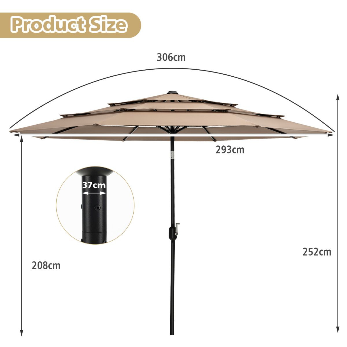 Parasol de jardin Coast - 300cm - Marron - Inclinable à 45 degrés