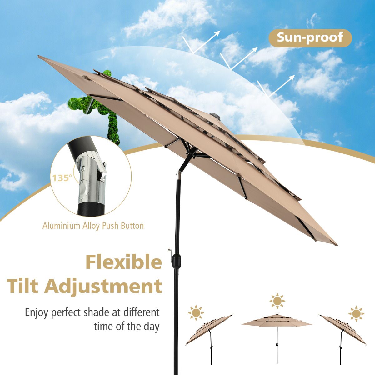 Parasol de jardin Coast - 300cm - Marron - Inclinable à 45 degrés