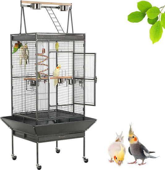 Yaheetech - Cage pour perroquets avec plateau de jeu - 81 x 76 x 174 cm - avec bac de récupération et tiroirs amovibles et 5 mangeoires en métal - pour perroquets et faucons - métal noir