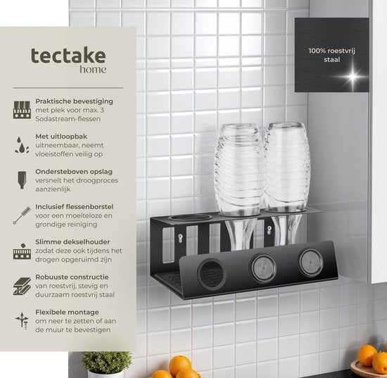 tectake® Porte-bouteilles de soda - Egouttoir pour bouteilles - Support pour bouteilles - Egouttoir - Acier inoxydable - Tapis d'égouttage amovible inclus - Pour 3 bouteilles