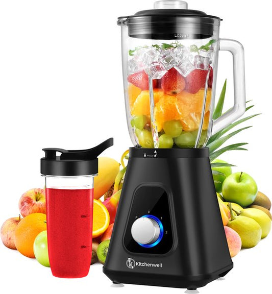 Blender - Kitchenwell - Puissant mixeur à smoothie de 1300 watts - 1,5 litre - gobelet en verre - Gobelet de sport inclus - acier inoxydable - Noir