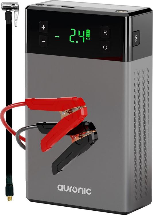 Auronic Jumpstarter - avec compresseur - 12V - 1200A - 12,000 mAh - Aide au démarrage 6-en-1 - Sac de rangement et accessoires inclus - Noir/Gris