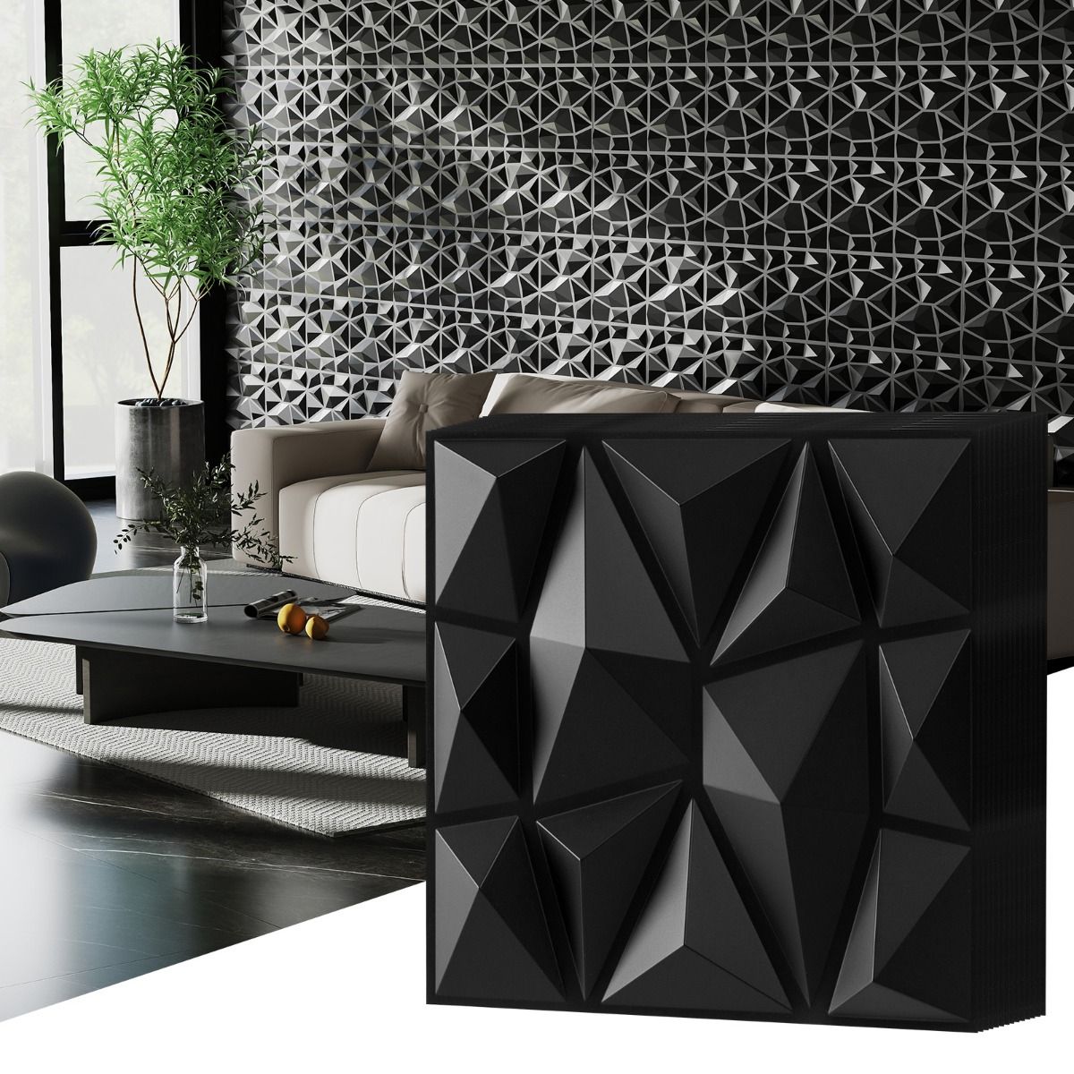 Panneaux muraux Coast 3D - motif en losange - autocollants - noirs 30 x 30 cm, 50 pièces