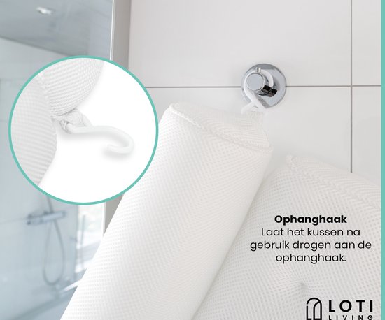 Loti Living Oreiller de bain - Oreiller de bain - Oreiller cervical de bain - Appui-tête de bain - Oreiller de bain avec ventouses - 6 ventouses - Oreiller cervical ergonomique - Antidérapant - Blanc