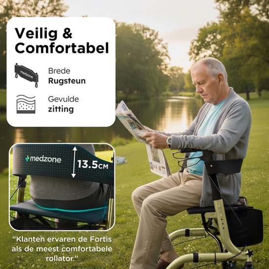 Déambulateur Medzone léger et pliable - Fonction assise - Intérieur et extérieur - Dossier et support de canne - Champagne - Or